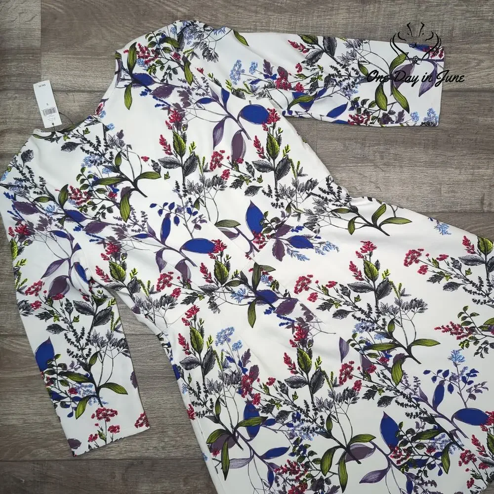 Banana Republic Floral Fit & Flare Dress White 3/4 Sleeve NWT Size 6